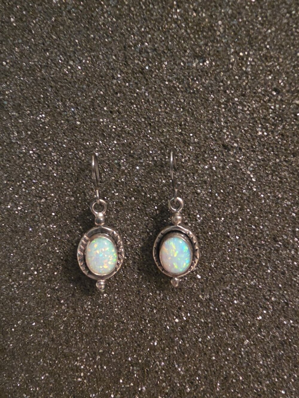 Vintage Sterling Silver White Fire Opal Oval Dangle Drop Earrings